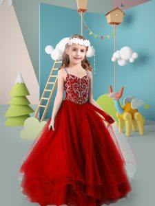 Hot Sale Wine Red Girls Pageant Dresses Wedding Party with Beading and Ruffled Layers Spaghetti Straps Sleeveless Zipper