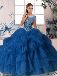 Comfortable Royal Blue Sweet 16 Dress Organza Brush Train Sleeveless Beading and Pick Ups