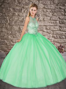 Discount Apple Green Ball Gowns Tulle Scoop Sleeveless Beading Floor Length Lace Up Sweet 16 Quinceanera Dress