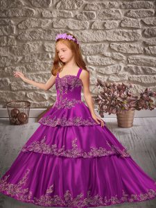 Popular Straps Sleeveless Brush Train Lace Up Girls Pageant Dresses Purple Satin