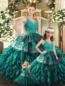 Charming V-neck Sleeveless Backless 15th Birthday Dress Turquoise Organza