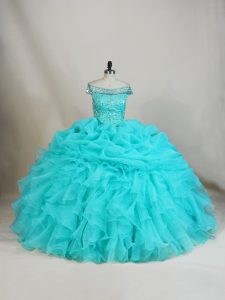 Dazzling Aqua Blue Quinceanera Gowns Sweet 16 and Quinceanera with Beading and Ruffles Off The Shoulder Sleeveless Lace 