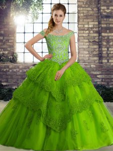 Green 15th Birthday Dress Off The Shoulder Sleeveless Brush Train Lace Up