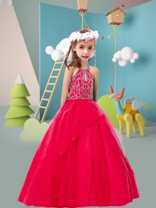 Modern Red Sleeveless Beading Floor Length Kids Formal Wear