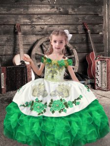 Off The Shoulder Sleeveless Organza Kids Pageant Dress Beading and Embroidery and Ruffles Lace Up