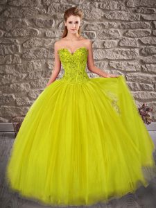 Yellow Green Lace Up Sweetheart Embroidery Vestidos de Quinceanera Tulle Sleeveless Brush Train