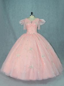 Dynamic Peach Ball Gowns Beading Quinceanera Dress Zipper Organza Short Sleeves Floor Length