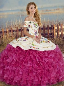 Discount Fuchsia Short Sleeves Floor Length Embroidery and Ruffles Lace Up 15 Quinceanera Dress