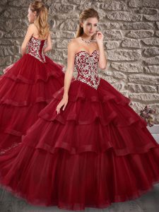 Wine Red Ball Gowns Sweetheart Sleeveless Tulle Brush Train Lace Up Embroidery and Ruffled Layers 15th Birthday Dress