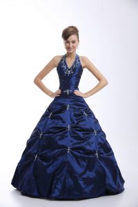 Most Popular Royal Blue Ball Gowns Halter Top Sleeveless Taffeta Floor Length Lace Up Embroidery and Pick Ups 15th Birth