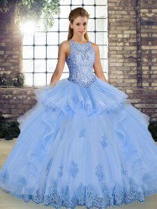Tulle Scoop Sleeveless Lace Up Lace and Embroidery and Ruffles Quinceanera Gown in Lavender