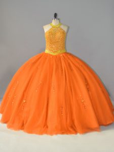 Best Selling Tulle Halter Top Sleeveless Lace Up Beading Quinceanera Gown in Orange