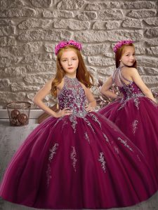New Arrival Burgundy Ball Gowns Beading Little Girl Pageant Dress Lace Up Tulle Sleeveless