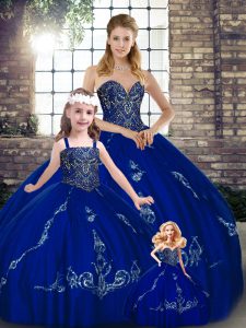 Traditional Sleeveless Floor Length Beading and Embroidery Lace Up Sweet 16 Dress with Royal Blue
