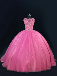 New Arrival Hot Pink Scoop Neckline Beading and Lace and Sequins Sweet 16 Quinceanera Dress Sleeveless Lace Up