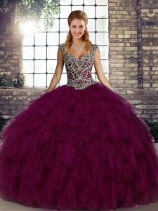Dark Purple Sleeveless Beading and Ruffles Floor Length Quinceanera Gowns