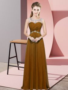 Modest Scoop Sleeveless Backless Evening Dress Brown Chiffon