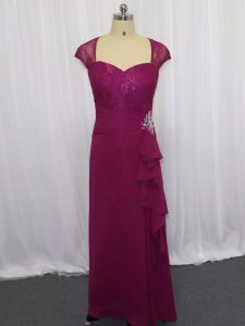 Cheap Chiffon Sweetheart Cap Sleeves Zipper Beading and Lace and Appliques Prom Party Dress in Fuchsia