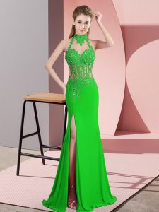 Discount Green Backless Halter Top Lace and Appliques Celebrity Dresses Chiffon Sleeveless