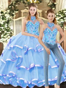 Blue Quinceanera Gowns Military Ball and Sweet 16 and Quinceanera with Embroidery and Ruffled Layers Halter Top Sleevele