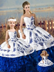 Hot Sale Blue And White Sweetheart Neckline Embroidery and Ruffles Vestidos de Quinceanera Sleeveless Lace Up