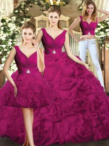 Super Fabric With Rolling Flowers V-neck Sleeveless Backless Beading Quinceanera Dresses in Fuchsia