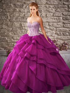 Flirting Floor Length Lace Up Quince Ball Gowns Purple for Military Ball and Sweet 16 and Quinceanera with Beading and R