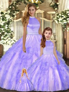 Glittering Halter Top Sleeveless Quinceanera Gown Floor Length Beading and Ruffles Lavender Tulle