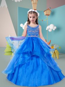 Exquisite Blue Sleeveless Tulle Zipper Girls Pageant Dresses for Wedding Party