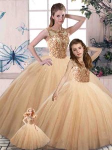 Edgy Tulle Scoop Sleeveless Lace Up Beading 15 Quinceanera Dress in Gold