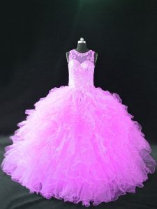 Fancy Lilac Ball Gowns Organza Scoop Sleeveless Beading and Ruffles Floor Length Lace Up 15th Birthday Dress