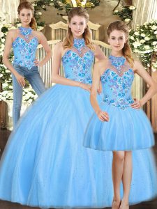 Baby Blue Three Pieces Halter Top Sleeveless Tulle Floor Length Lace Up Embroidery 15th Birthday Dress