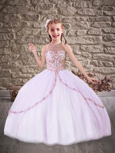 Excellent Lavender Backless Little Girl Pageant Dress Beading Sleeveless Floor Length