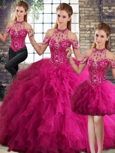 Fuchsia Lace Up Halter Top Beading and Ruffles Sweet 16 Dresses Tulle Sleeveless