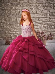 Perfect Fuchsia Sleeveless Floor Length Beading and Ruffled Layers Lace Up Little Girls Pageant Dress