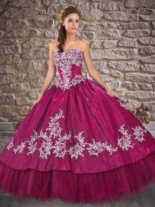 Fitting Fuchsia Ball Gowns Appliques Quinceanera Gowns Lace Up Taffeta Sleeveless Floor Length