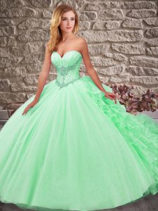 Super Green Sleeveless Organza and Tulle Court Train Lace Up Sweet 16 Quinceanera Dress for Military Ball and Sweet 16 a