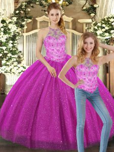 Classical Fuchsia Lace Up 15th Birthday Dress Beading Sleeveless Floor Length