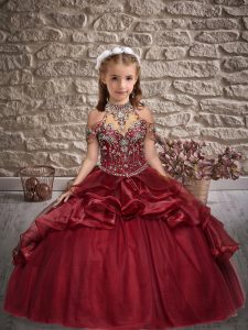Floor Length Burgundy Little Girl Pageant Gowns Halter Top Sleeveless Lace Up