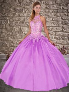 Hot Selling Lilac Satin Lace Up Sweet 16 Quinceanera Dress Sleeveless Brush Train Embroidery