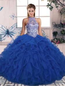 Unique Blue Quinceanera Dresses Military Ball and Sweet 16 and Quinceanera with Beading and Ruffles Halter Top Sleeveles