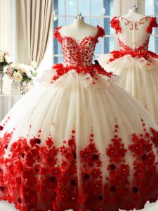 New Style White And Red Sleeveless Brush Train Hand Made Flower Quinceanera Gown