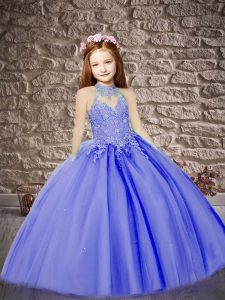 Lace Up Little Girls Pageant Dress Lavender for Wedding Party with Appliques Brush Train