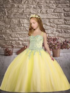 Straps Sleeveless Lace Up Kids Pageant Dress Yellow Tulle