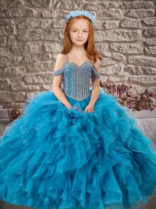Nice Floor Length Blue Little Girl Pageant Dress Tulle Sleeveless Beading and Ruffles