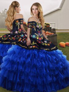 Floor Length Lace Up Sweet 16 Dress Blue And Black for Military Ball and Sweet 16 and Quinceanera with Embroidery and Ru