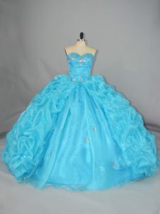 Fine Floor Length Blue 15 Quinceanera Dress Organza Sleeveless Embroidery and Ruffles