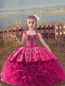 Sleeveless Sweep Train Embroidery Lace Up Little Girl Pageant Dress