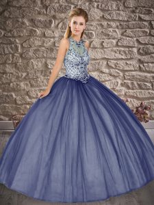 Elegant Navy Blue Scoop Lace Up Beading Quinceanera Gown Sleeveless