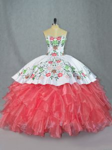 Stunning Watermelon Red Sleeveless Satin and Organza Lace Up Vestidos de Quinceanera for Sweet 16 and Quinceanera
